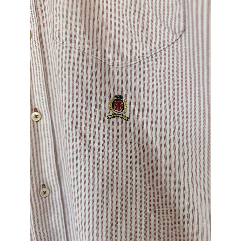 Tommy Hilfiger Mens Red White Striped Button Down Shirt Crest Logo Large L - Picture 2 of 10